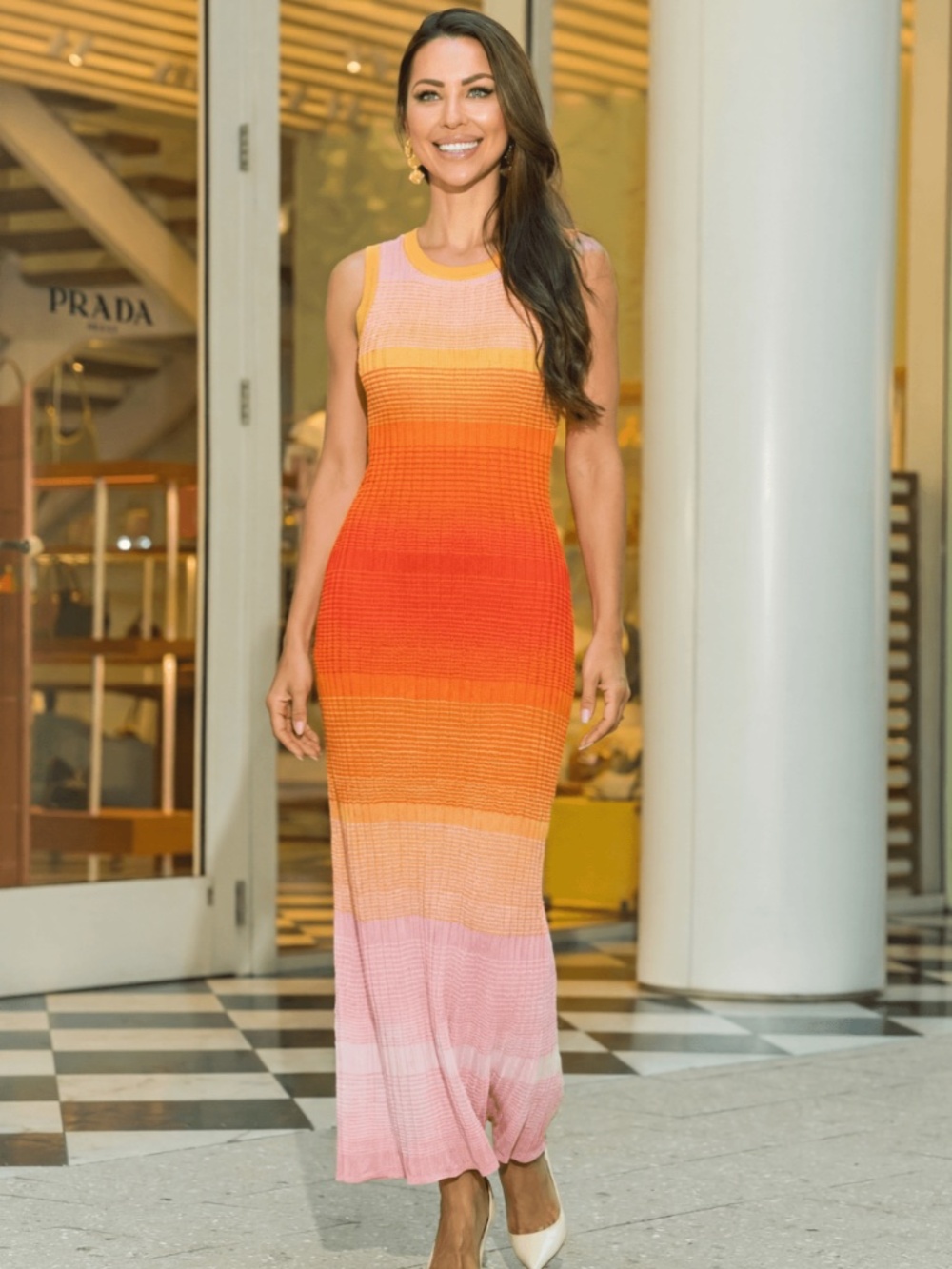 Orange Pink Ombre Knit Maxi Dress Sleeveless Bodycon Summer Resort Dress